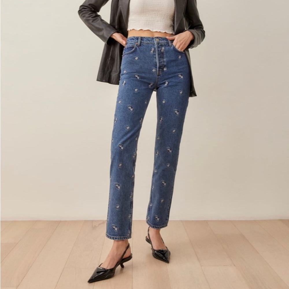 Reformation Dice Embroidery High Rise Straight Jeans